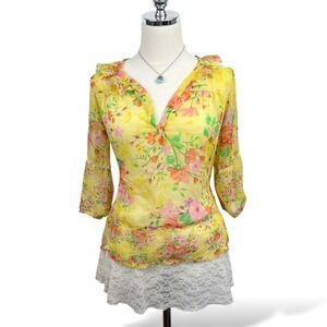 Cottegecore Womens M Sheer Floral Blouse Flowy Lightweight Boho Top
